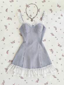 Elamini Women's Lace Patchwork Striped Print Fitted Camisole Dress Milkmaid Top Lace Undershirt French Style Clothes Striped Top - Blue - View 1