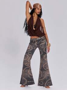 ROMWE Quần jeans ống loe dáng ôm dành cho nữ, phong cách retro Y2K Millennium Baddie, họa tiết hoa cổ điển bạc màu. - màu nâu - Xem 1