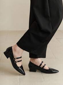 女士尖头玛丽珍平底鞋，粗跟带扣，表面光滑，时尚黑色皮鞋，适合春秋季，芭蕾 - 黑色 - 查看 4