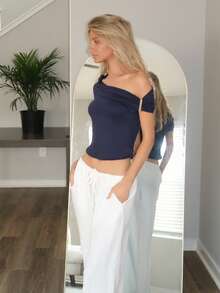 Sydney Algeri Navy Blue Off-Shoulder T-Shirt, Elegant For Commuting In Summer - Navy Blue - View 5