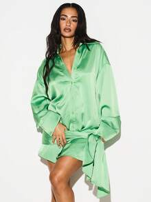 KIZN Satin Button Down Shirt Dress With Tie Belt Long Sleeve Collared Mini Dress Party Cocktail Evening Wear - Green - View 3
