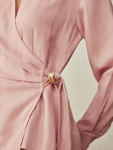 MOTF PREMIUM 简约优雅亚麻腰部金属扣装饰衬衫，春夏款 - 粉色 - 查看 3