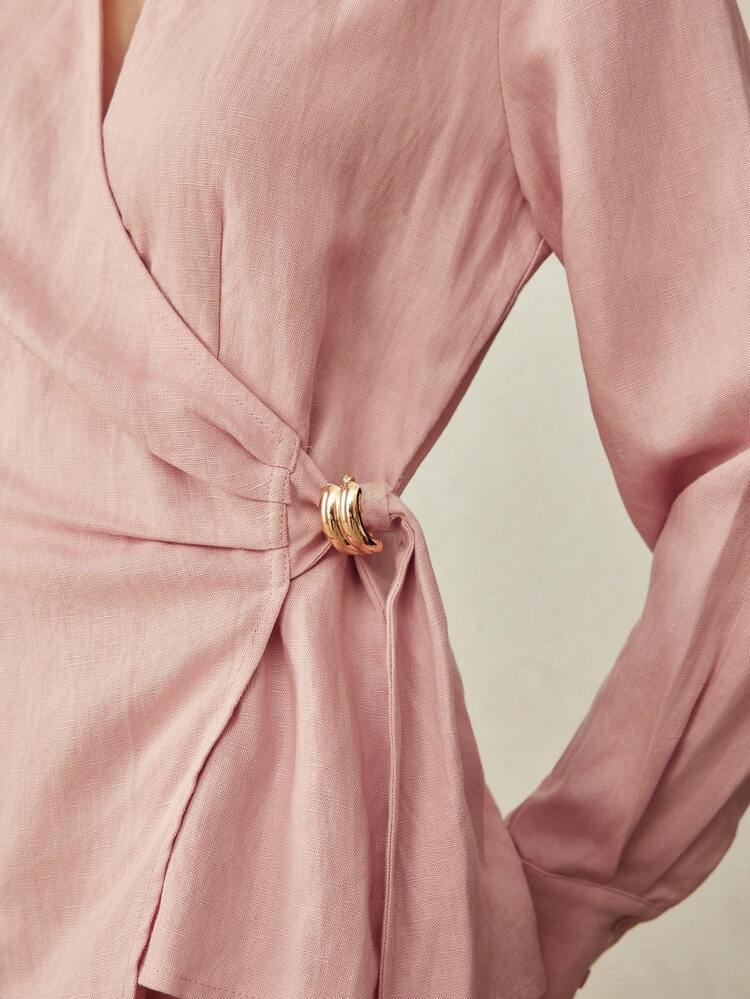 MINIMALIST ELEGANT LINEN WAIST METAL BUCKLE DECOR SHIRT, SPRING/SUMMER