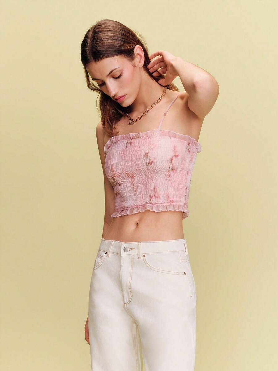 lacRébo 荷叶边褶皱花卉吊带背心，春夏法式巴黎风情 - 粉色 - 查看 1