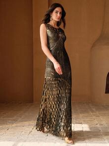 Anewsta Women's New Gold Foil Hollow Sleeveless Dress - Gold - View 5