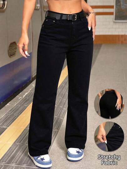 Jeans Rectos de Alta Elasticidad de Cintura Media de Color Negro para Mujer, Pantalones que Levantan las Nalgas