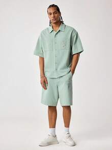 MONOPOLY X SHEIN 男士纯色 Polo 领单排扣短袖衬衫和口袋短裤休闲日常套装 - 綠色 - 查看 4