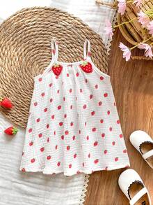 Vintaside Kids 女婴夏季甜美清新草莓印花吊带连衣裙，宽松A字廓形，适合日常外出、休闲旅行、家庭聚会、夏季野餐 - 彩色 - 查看 6