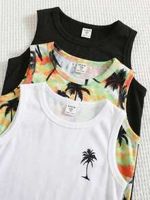 SHEIN 3pcs/Set Young Boy Casual Vacation Style Coconut Tree Print Sleeveless Loose Knit Tank Top Set, Suitable For School, Vacation, Spring & Summer - Multicolor - View 6