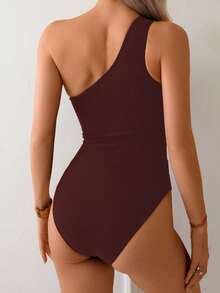 Swim Lushoire 女士春假连体泳衣，纯色网纱拼接，时尚不对称单肩露背设计，休闲优雅度假泳装 - 紅木色 - 查看 2