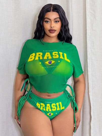 Slaydiva Conjunto de bikini con parte superior tipo halter con estampado de letras y parte superior tipo cubre para mujer talla grande