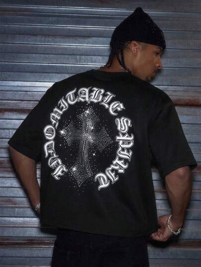 AXEPEAK Men's Casual Loose Short Sleeve T-Shirt, White With Printed Rhinestone Handmade Label, Summer