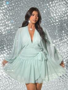 Viva Relle Plus Size Women's Deep V-Neck Semi-Sheer Lantern Sleeve Tie-Waist Dress, Spring/Summer - Mint Green - View 4
