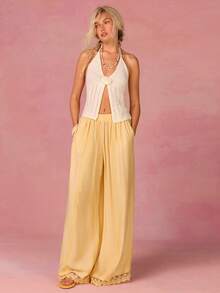 Athîral 女士休闲蕾丝边黄色裤子 - 黃色 - 查看 4