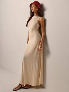 COSMINA Women's Long Dress, Oblique Shoulder Dress, Knitted Elastic Dress, Elegant Dress, Apricot Dress, Casual Daily Summer Dress - Apricot - View 2