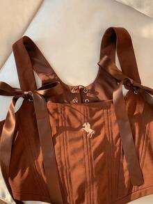 Comfortcana Débardeur corset style occidental à lacets et broderie, marron, convient pour le Nouvel An, Noël, Thanksgiving, top marron chocolat grande taille - Kaki - Voir 4