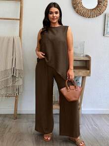 SHEIN Clasi Bộ đồ 2 mảnh dành cho nữ cỡ lớn, màu trơn, cổ tròn, vạt bất đối xứng, không tay và quần ống rộng, kiểu dáng rộng rãi, thoải mái. - màu nâu - Xem 5
