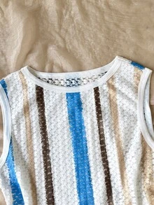 SHEIN Tween Girl Elegant Striped Round Neck Tank Top And Shorts Casual Set - White - View 5