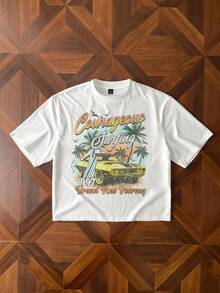 StoneGrade 复古美式度假风汽车海岸线印花宽松白色短袖T恤，时尚休闲穿搭，约会聚会必备，送给男友的理想礼物 - 白色 - 查看 5