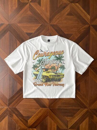 StoneGrade 复古美式度假风汽车海岸线印花宽松白色短袖T恤，时尚休闲穿搭，约会聚会必备，送给男友的理想礼物