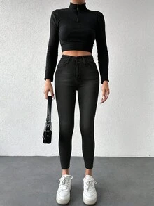 EURMUSE 97% Cotton Solid Skinny Cropped Jeans - Black - View 1