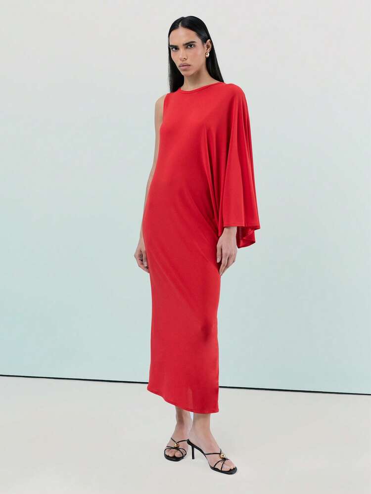 KSTM Asymmetrical Sleeveless Midi Dress With One Shoulder Detail And Modern Drape Design For Special Occasions