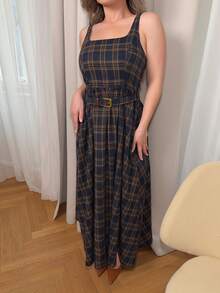 Jeta Ari 格子吊带连衣裙女，休闲优雅收腰无袖连衣裙 - 彩色 - 查看 3