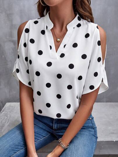 Solivie Women's Polka Dot Print V-Neck Short Sleeve Casual Shirt,Summer Clothes,Summer Outfit For Women