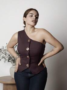 Lupita Cardoza 时尚优雅的 S 形性感不对称肩部金属扣装饰黑色女上衣，春夏季 - 中紫紅色 - 查看 6