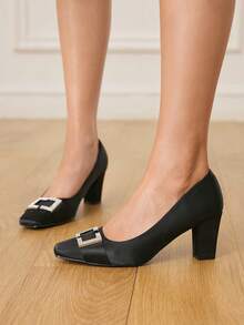 CUCCOO HITCHD French Square Toe High Heel Shoes, New Arrival Chunky Heel Spring/Autumn Mid-Heel Rhinestone Buckle Elegant Pumps Wedding Shoes Spring Shoes Bride Shoes - Black - View 8
