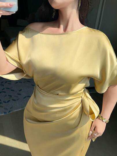 Dazy Plus 纯色优雅塔夫绸露肩短袖修身系带腰身长款派对连衣裙，春夏款