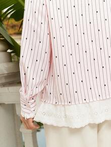 VOLUPTÉ CURVE Plus Size Summer White Eyelet Embroidery Cotton Collar Long-Sleeve Ruffle Loose Blouse For Party, Beach, Graduation, Festival, Going Out, Birthday - Pink - View 9