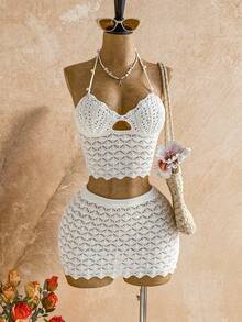 Soleia Women's Sexy Backless Pointelle Knit Halter Top And Mini Skirt Sweater Set For Beach Vacation, Does Not Include Waist Chain - White - View 5