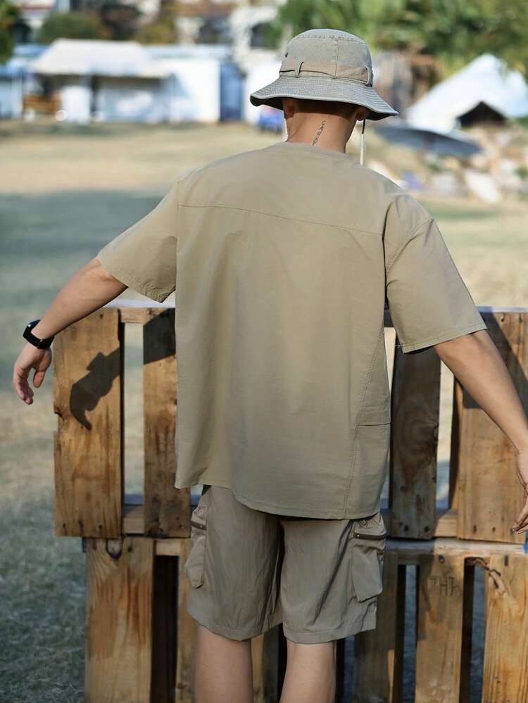 Men's Letter Print Short Sleeve Khaki T-Shirt, Summer