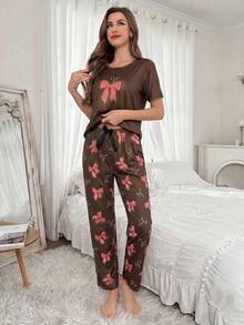 Bow Print Short Sleeve & Pants 2 Pieces Pajama Set - Multicolor - View 6