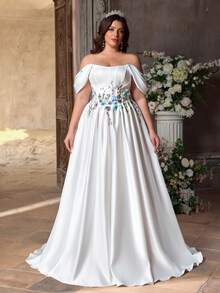 Aureia Plus Size Elegant White Spring Wedding Dress U-Neck Off-Shoulder Hanging Sleeve Fishbone Decor Luxury Sequins Splice High Slit A-Line Bridal - White - View 6