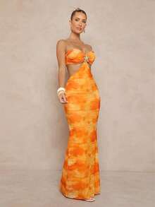 Lumalex Printed Tie-Up Waist Backless Dress For Women - Orange - View 5