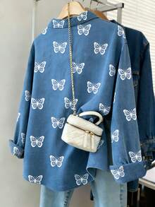 Resyla Camisa de mujer con efecto de mezclilla y estampado de mariposa retro - Multicolor - Ver 2