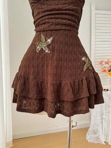 Comfortcana Spring & Summer Vacation Casual Knit Jacquard Ocean & Starfish 3D Embroidery Ruffle Neck Loose Plus Size Vacation Dress Ruffle Hem Dress Beach Dress - Brown - View 6