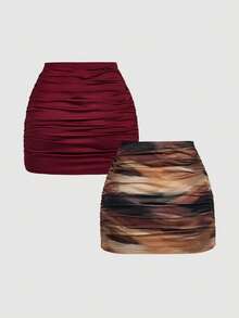 SHEIN MOD 两件套女士休闲简约褶皱紧身半身裙套装 - 彩色 - 查看 2
