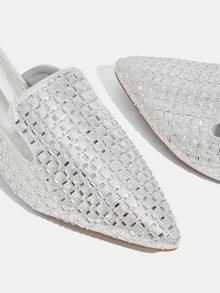 CUCCOO TILAWA Women's Square Toe Silver Rhinestone Decor Plaid Open Toe Low Heel Versatile Fashion Date Night High Heel Sandals - Silver - View 11