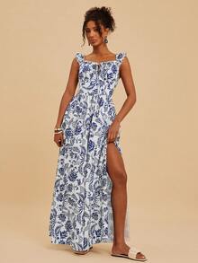 Travachic Women's Floral Print Ruffle Trim Front Tie Casual Dress - Blue and White - View 1