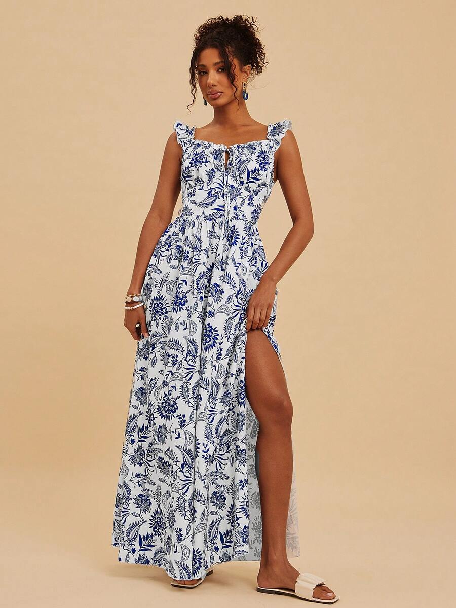 Travachic Women's Floral Print Ruffle Trim Front Tie Casual Dress - Blue and White - View 1