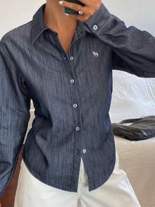 DAZY 女款純色修身腰長袖休閒優雅夏季襯衫校園風 - 藍色 - 查看 4