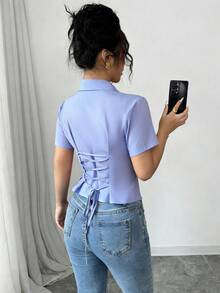 SHEIN Raffinéa Women's Shirt,Light Purple,Summer,Elegant,Dining Short Sleeve Button Up Retro Blouse With Large Collar,Back Lacing,Waist Cinching Fitted Office Tops - Blue - View 6