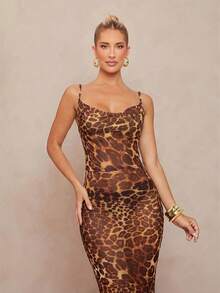 Lumalex 经典咖啡棕色豹纹深V领无袖透视修身鱼尾连衣裙，饰有系带细节 - 摩卡棕 - 查看 6