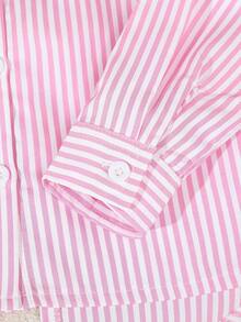 SHEIN 2 pezzi/set Camicia a maniche lunghe con colletto irregolare e decorazione fiocco sul retro, e pantaloni a righe, stile casual universitario, adatto per tutte le stagioni, per ragazze giovani - Rosa - Visualizzare 7