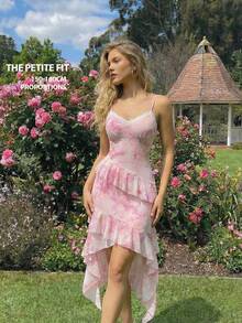 SHEIN MOD Petite Đầm nữ kiểu dáng thanh lịch, thường ngày, họa tiết in toàn thân, viền bèo nhún, thích hợp cho mùa hè. - Hồng - Xem 2