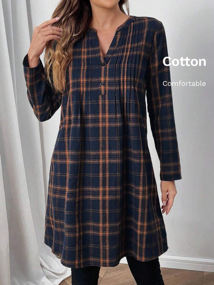 EMERY ROSE Fall Women Clothes Women's Front Button Long Sleeve Plaid Casual Mini Dress - Multicolor - View 1