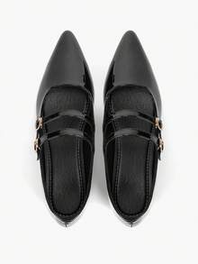 女士尖头玛丽珍平底鞋，粗跟带扣，表面光滑，时尚黑色皮鞋，适合春秋季，芭蕾 - 黑色 - 查看 12